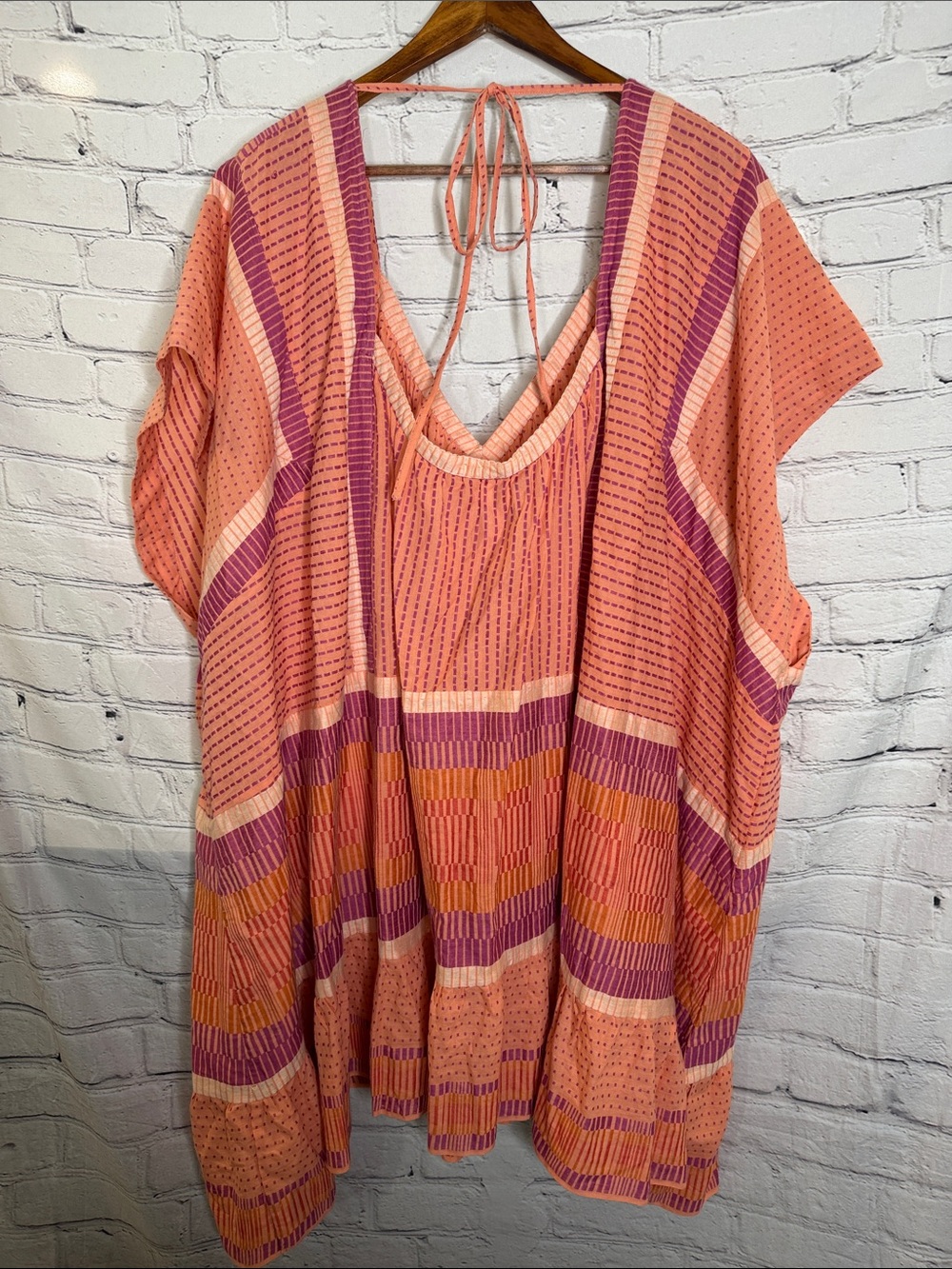 Free People Peach & Pink Striped V-Neck Over Sized Caftan Tunic Dress Size Large - Picture 2 of 12